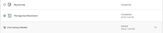 The screenshot shows the circle next to each assignment being open (not filled in), a green check mark, and a filled circle to show the progress of the assignment.