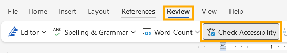 Word 365 Review menu with Check Accessibility highlighted