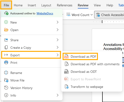 Word 365 showing File menu, Export, Download as PDF