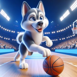 A 3D-animated husky dog playing basketball in a stadium